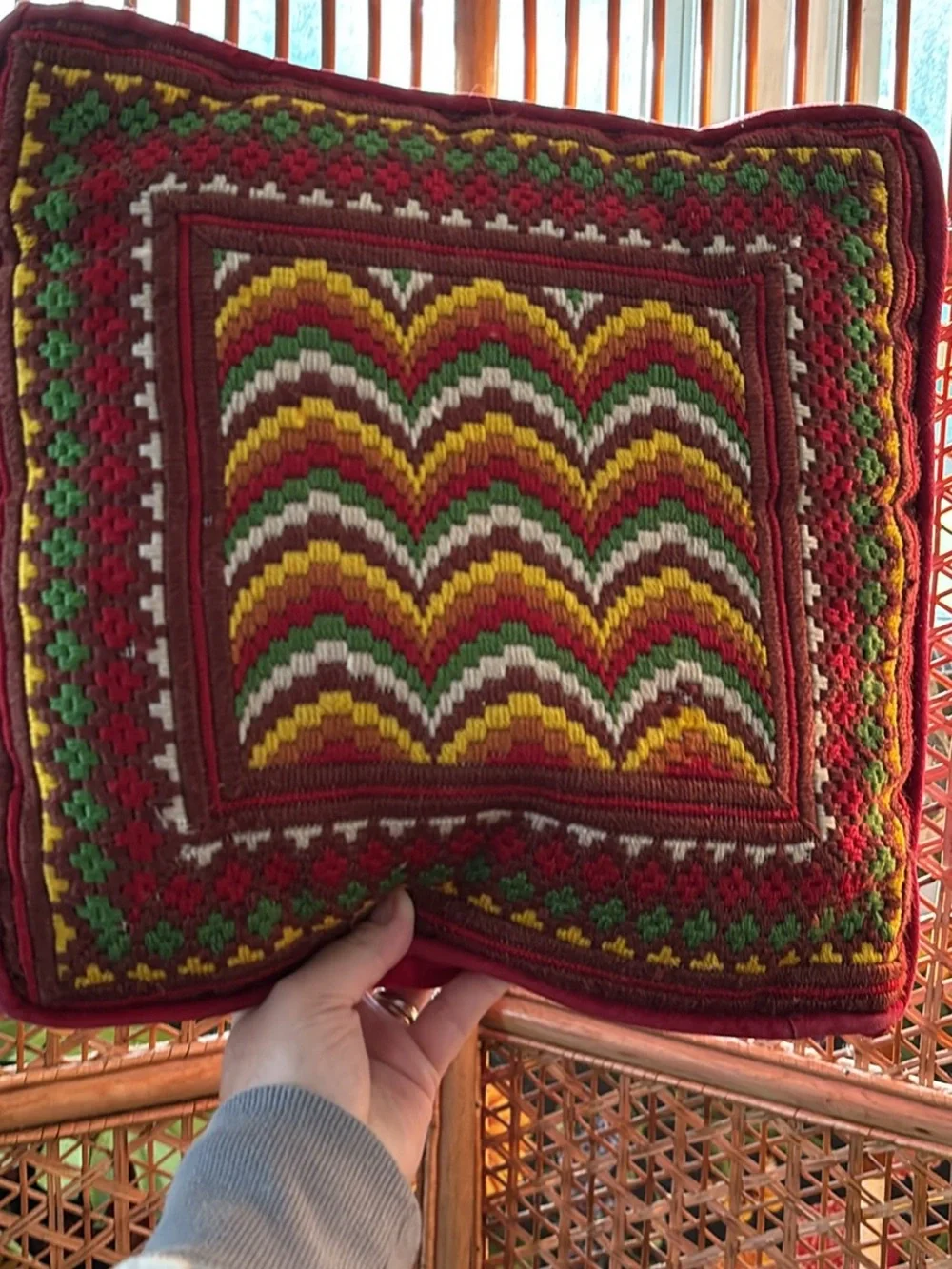 Vintage Red, Yellow, Green and White Embroidered Chevron Pillow